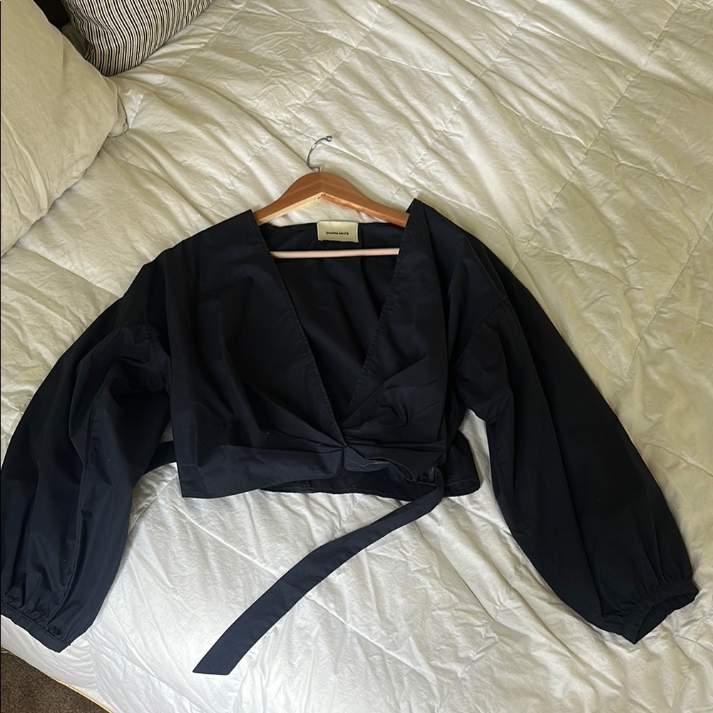 Black Wrap Crop Top with Balloon Sleeves